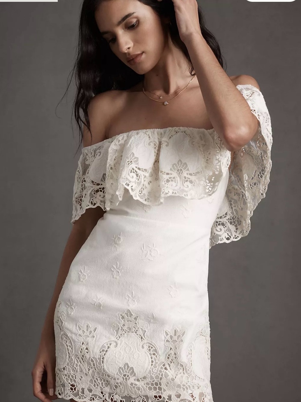 Anthropology BHLDN Off-Shoulder Lace One-Shoulder Mini Dress in Ivory
